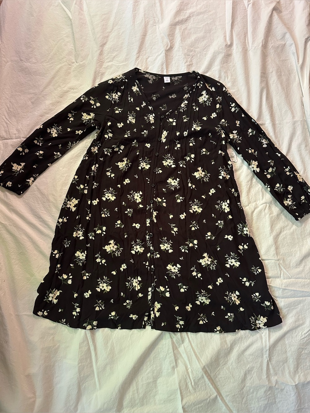 Old Navy Black Floral Long-Sleeve Button Front Dress